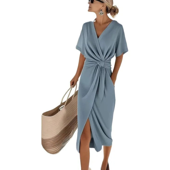 Women's Everyday Day Dress Twisted Knot Wrap V-Neck Midi