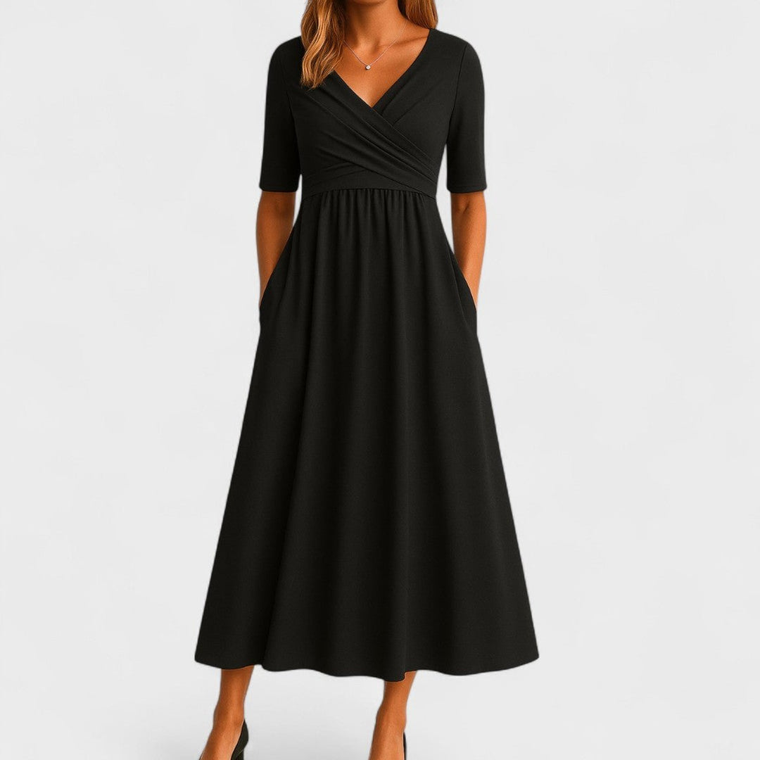 Women's Everyday Day Dress V-Neck Empire-Waist Flared Midi