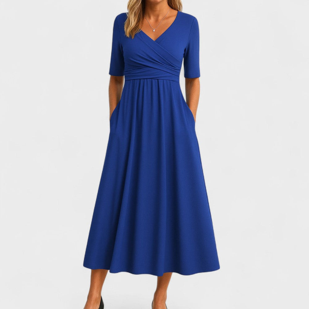Women's Everyday Day Dress V-Neck Empire-Waist Flared Midi