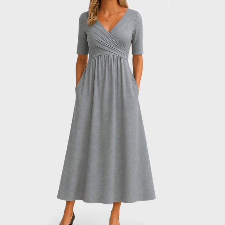 Women's Everyday Day Dress V-Neck Empire-Waist Flared Midi