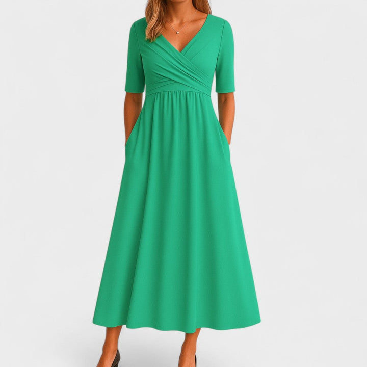 Women's Everyday Day Dress V-Neck Empire-Waist Flared Midi