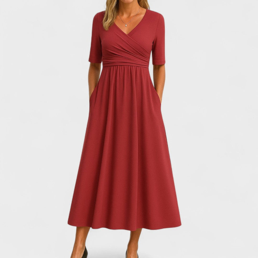 Women's Everyday Day Dress V-Neck Empire-Waist Flared Midi