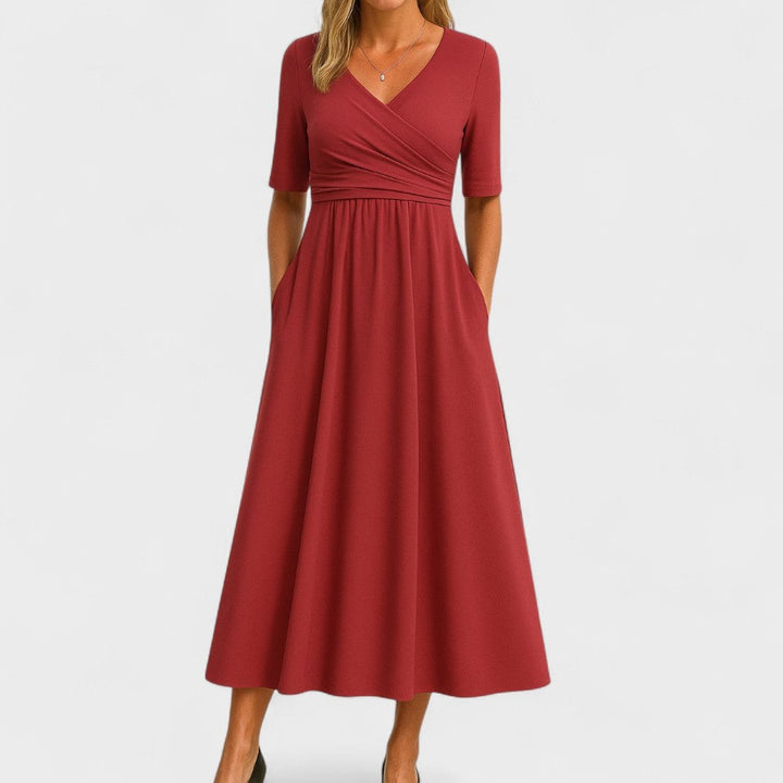 Women's Everyday Day Dress V-Neck Empire-Waist Flared Midi