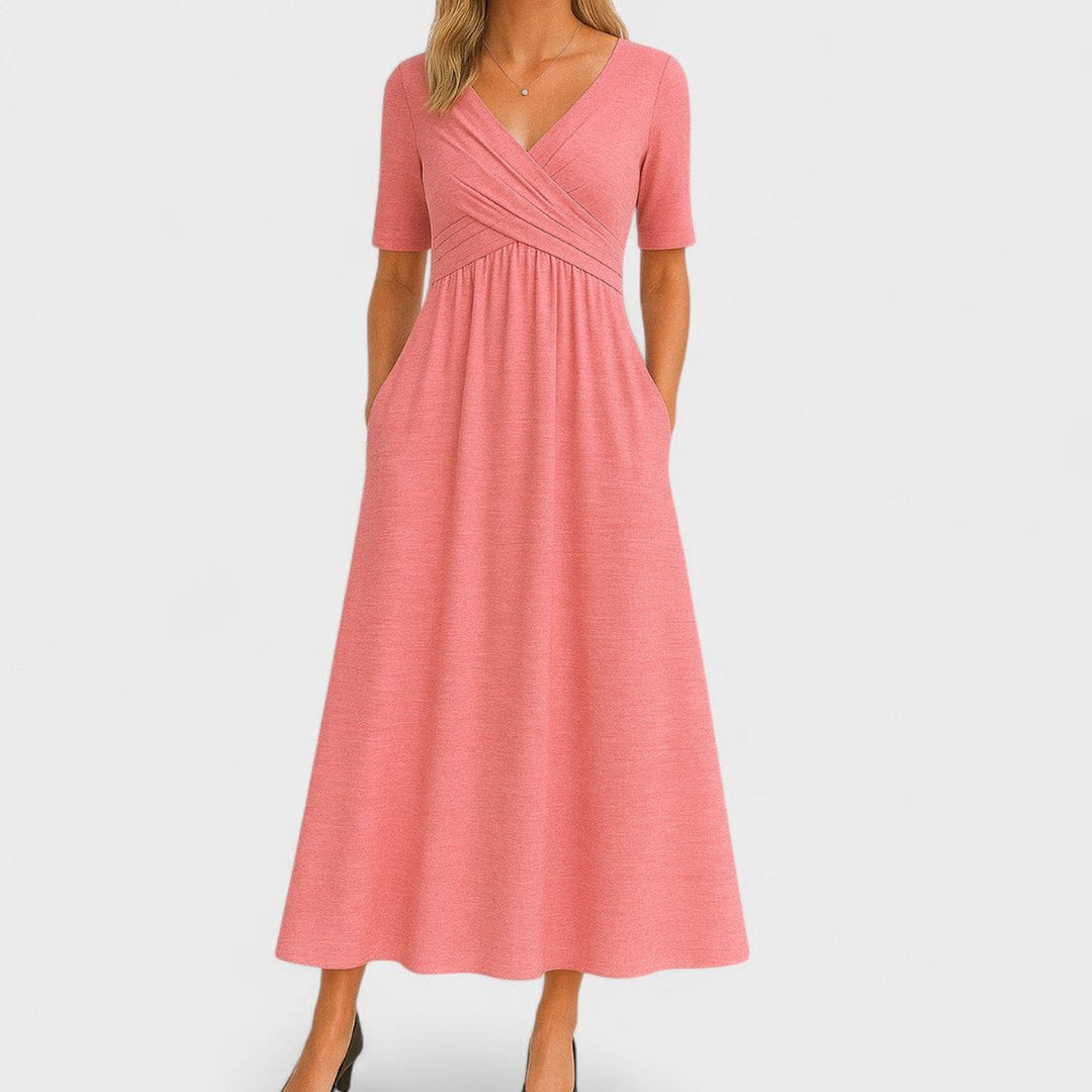 Women's Everyday Day Dress V-Neck Empire-Waist Flared Midi