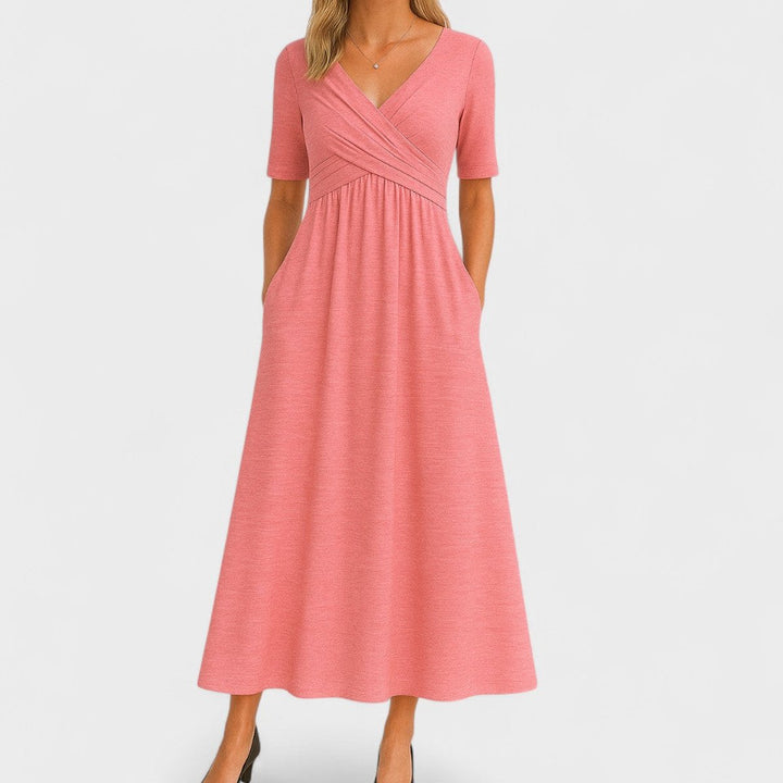 Women's Everyday Day Dress V-Neck Empire-Waist Flared Midi
