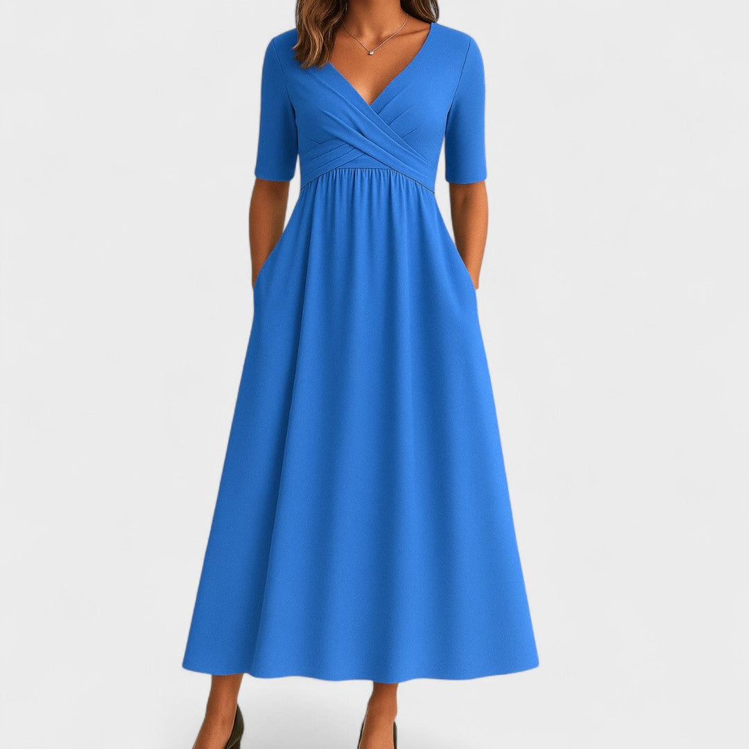 Women's Everyday Day Dress V-Neck Empire-Waist Flared Midi