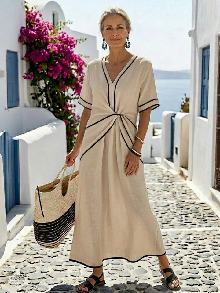 Women's Everyday Day Dress V-Neck Gathered Waist Relaxed Midi