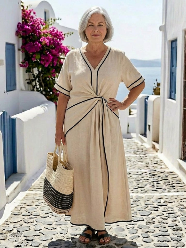 Women's Everyday Day Dress V-Neck Gathered Waist Relaxed Midi