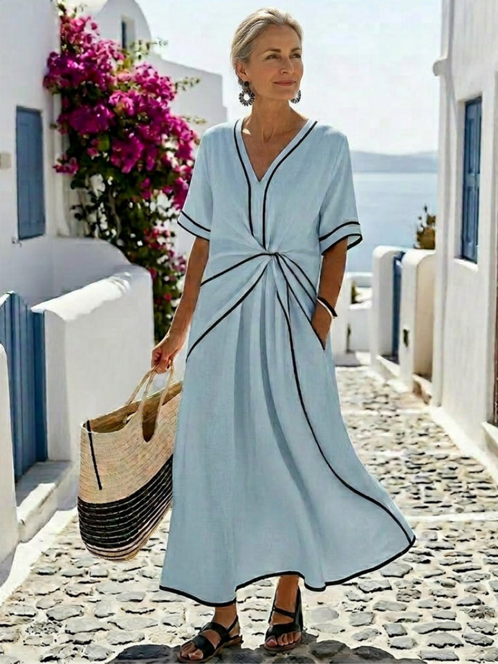 Women's Everyday Day Dress V-Neck Gathered Waist Relaxed Midi