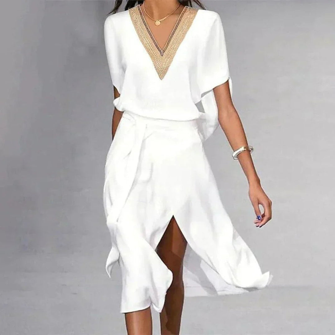 Women's Everyday Day Dress V-Neck Gold Trim Midi Wrap