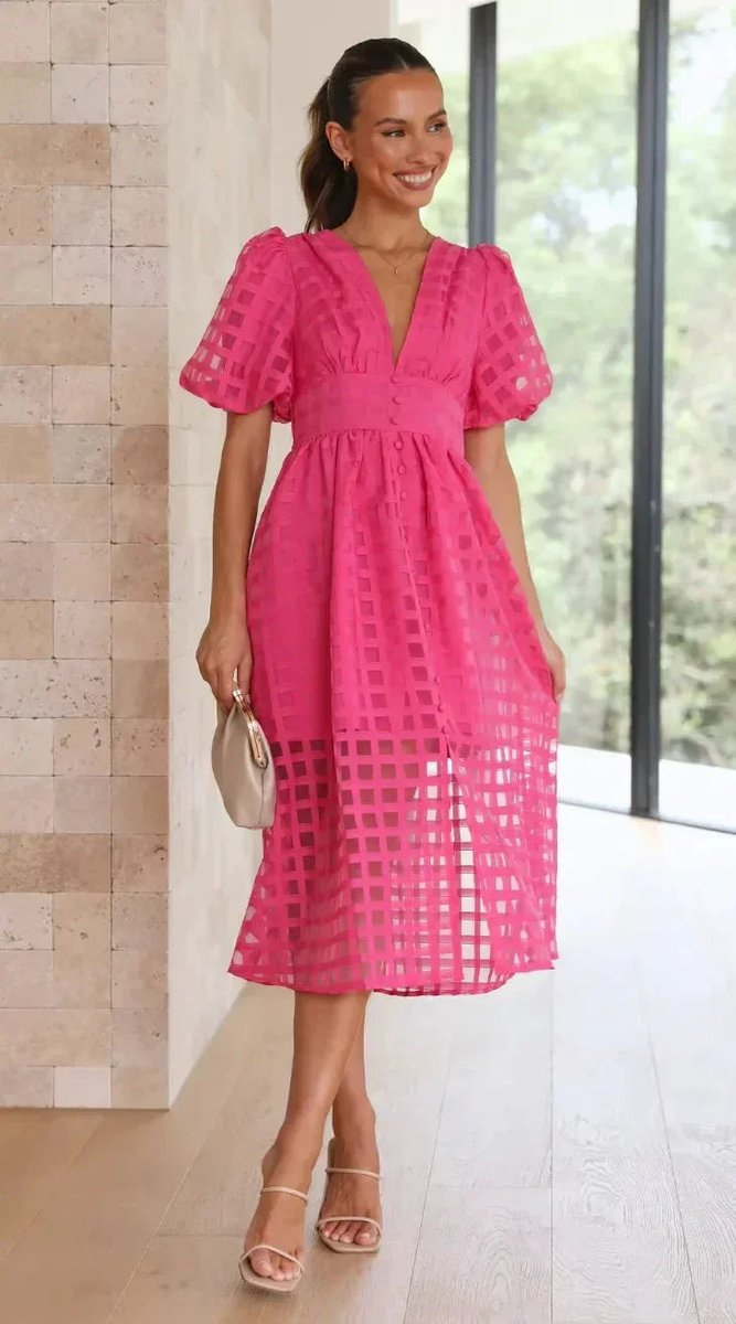 Women's Everyday Day Dress V-Neck Puff-Sleeve Openwork Midi Dress