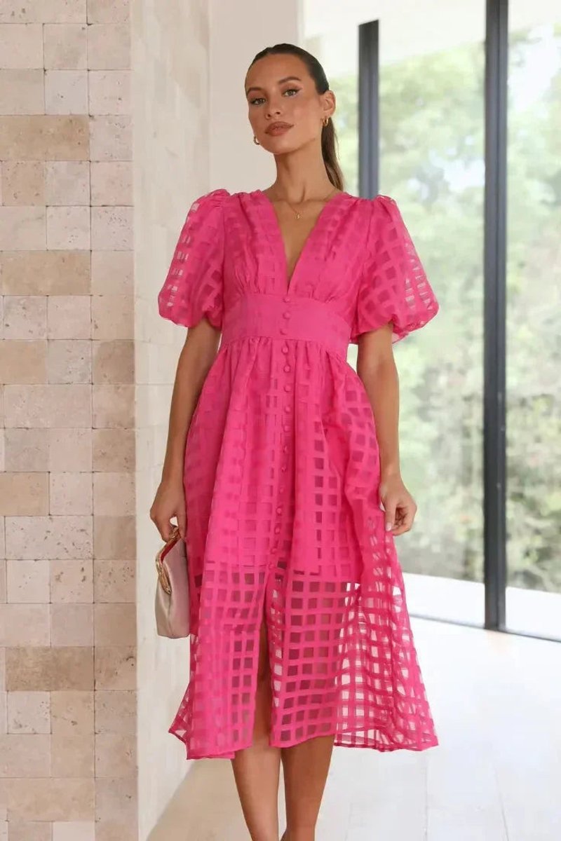 Women's Everyday Day Dress V-Neck Puff-Sleeve Openwork Midi Dress