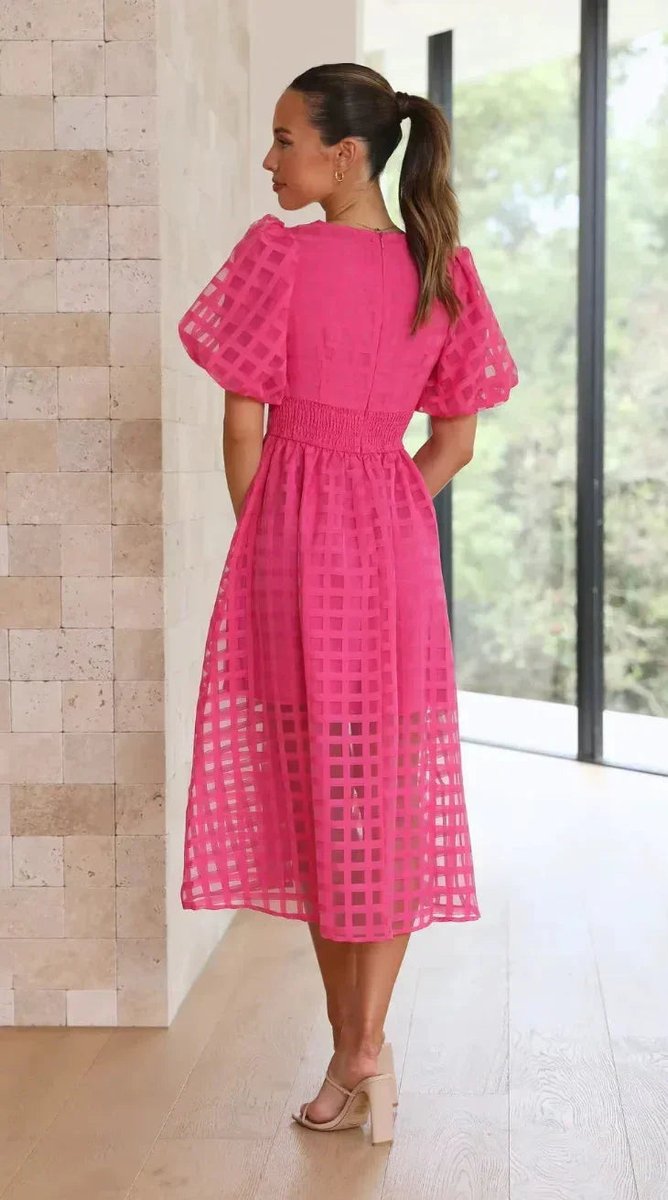 Women's Everyday Day Dress V-Neck Puff-Sleeve Openwork Midi Dress