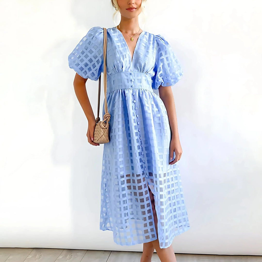 Women's Everyday Day Dress V-Neck Puff-Sleeve Openwork Midi Dress