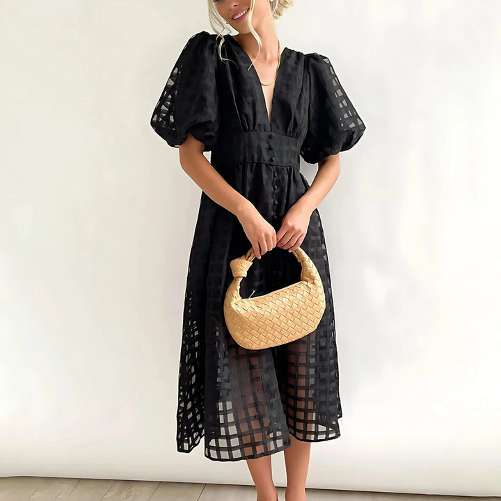 Women's Everyday Day Dress V-Neck Puff-Sleeve Openwork Midi Dress
