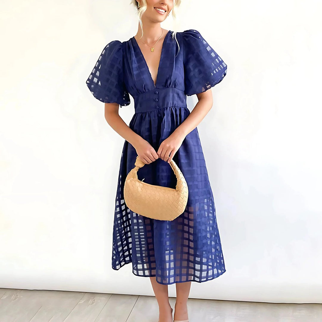 Women's Everyday Day Dress V-Neck Puff-Sleeve Openwork Midi Dress