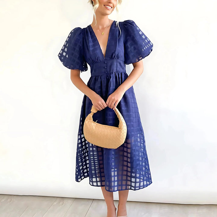 Women's Everyday Day Dress V-Neck Puff-Sleeve Openwork Midi Dress
