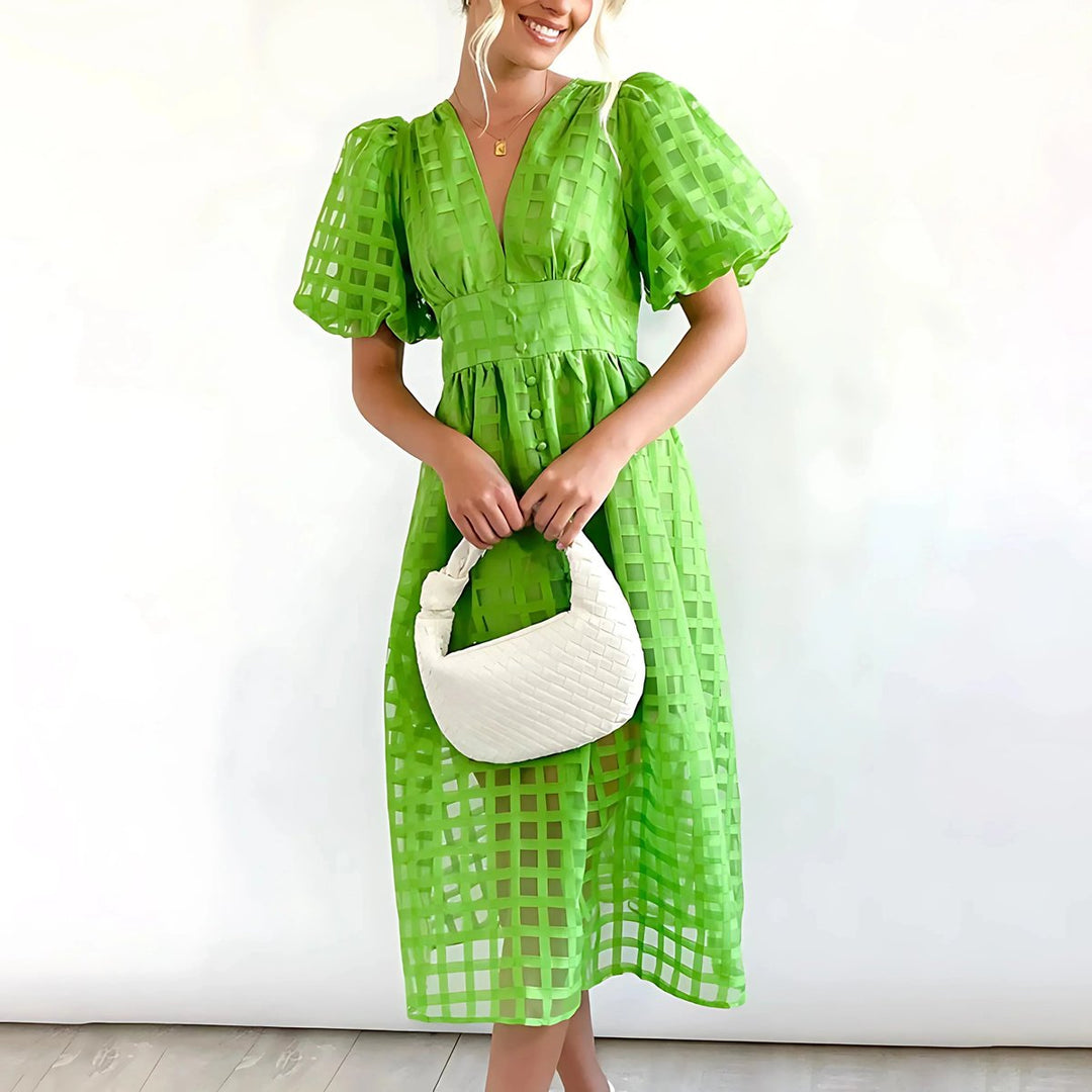 Women's Everyday Day Dress V-Neck Puff-Sleeve Openwork Midi Dress