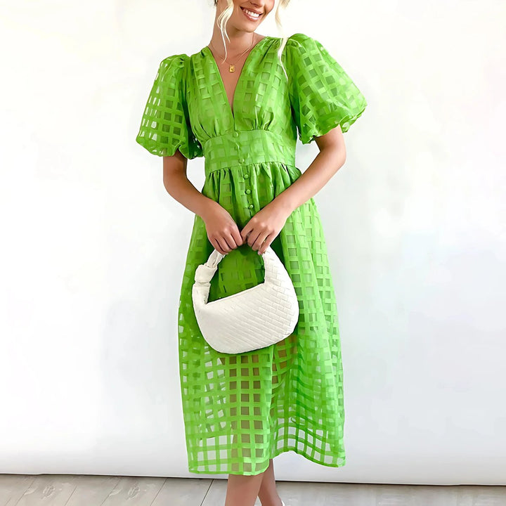 Women's Everyday Day Dress V-Neck Puff-Sleeve Openwork Midi Dress