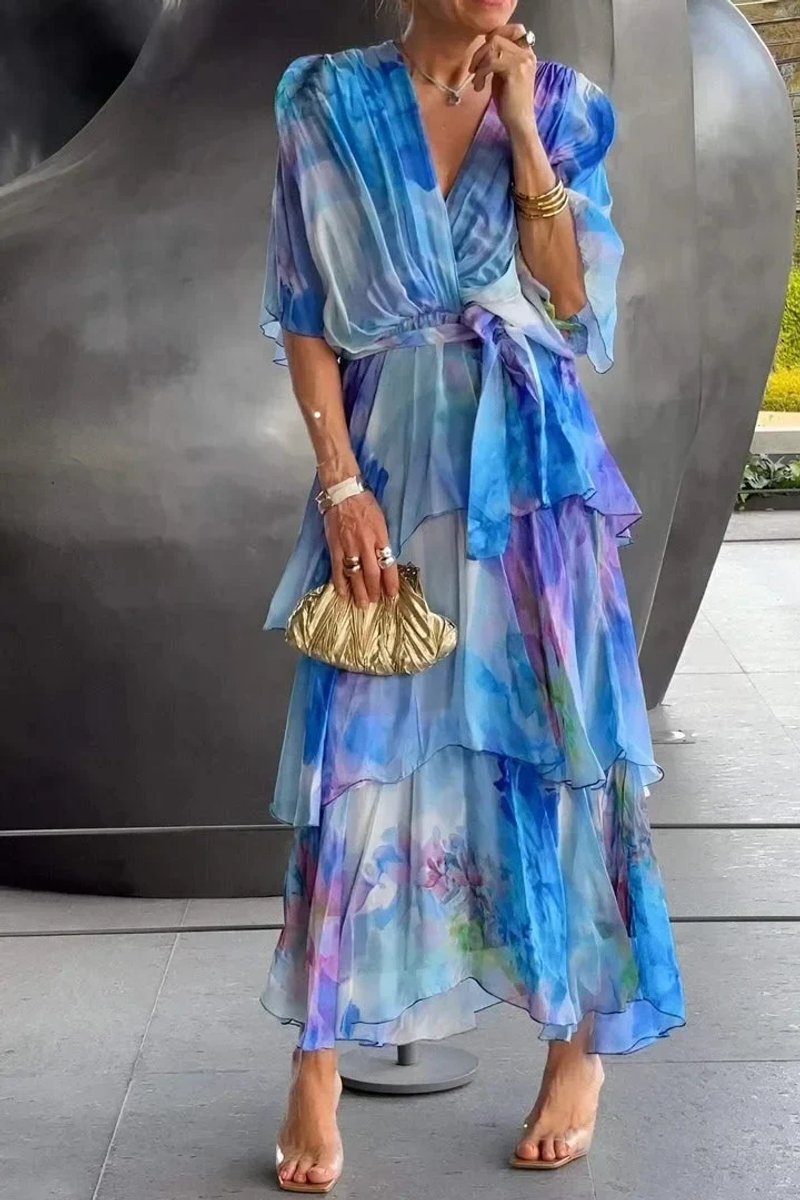 Women's Everyday Day Dress Wrap-Front Ruffled Chiffon Midi Dress