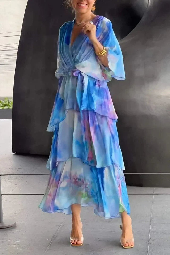 Women's Everyday Day Dress Wrap-Front Ruffled Chiffon Midi Dress