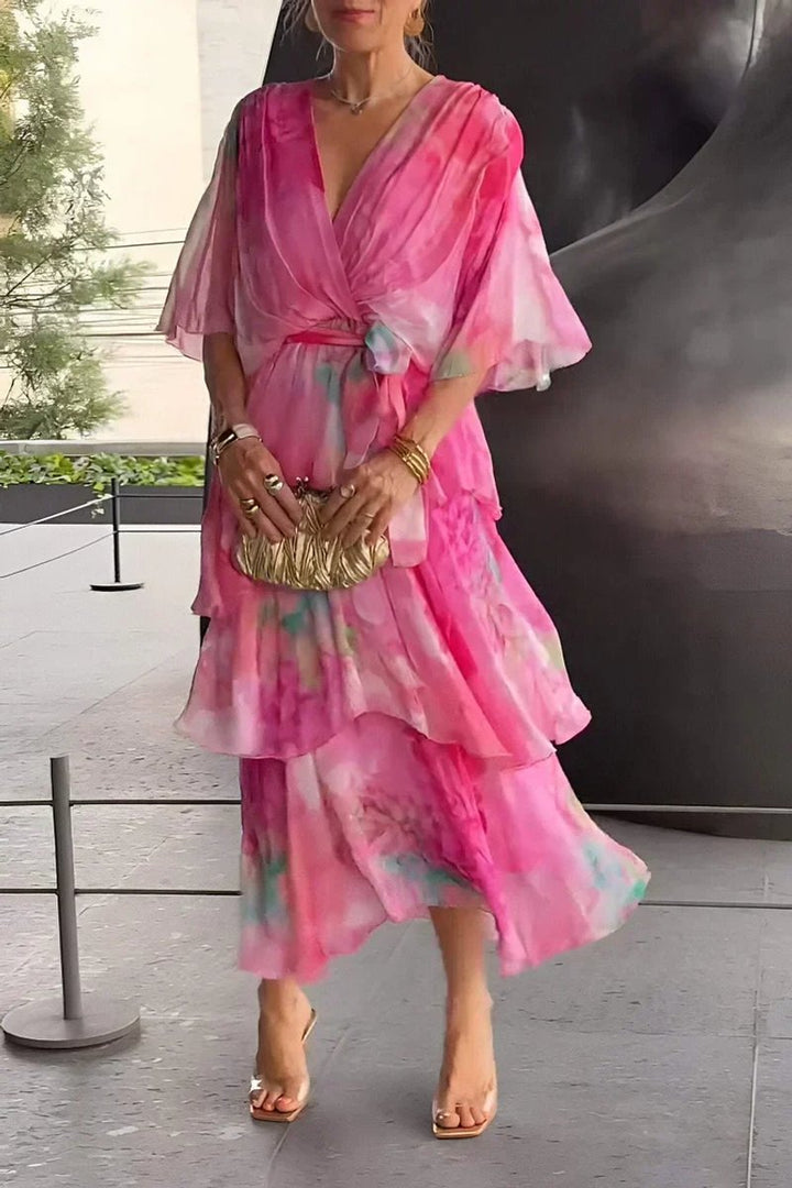 Women's Everyday Day Dress Wrap-Front Ruffled Chiffon Midi Dress