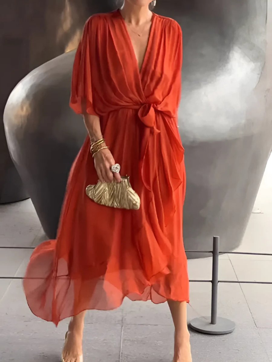 Women's Everyday Day Dress Wrap V-Neck Flowy Midi Party Dress