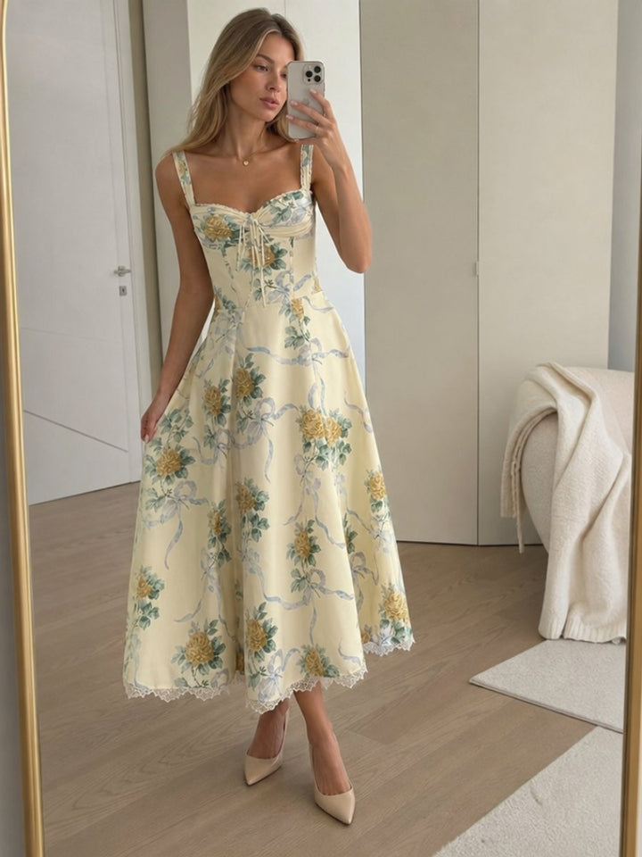 Women's Everyday Floral Corset Bodice Cotton Midi Dress