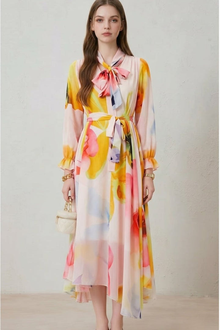 Women's Everyday Maxi Dress Floral Print Long Sleeve Belted