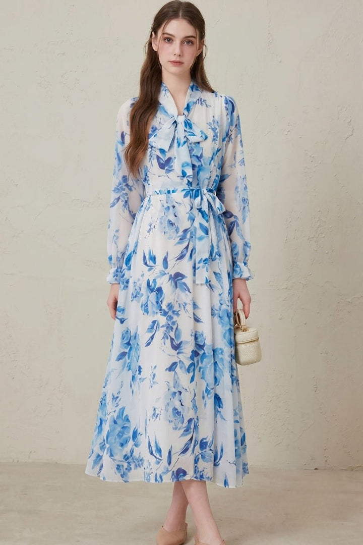Women's Everyday Maxi Dress Floral Print Long Sleeve Belted