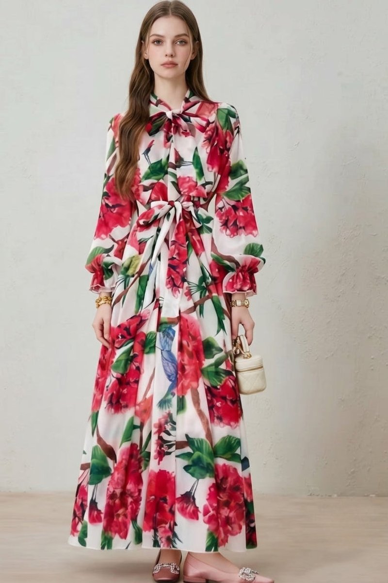 Women's Everyday Maxi Dress Floral Print Long Sleeve Belted