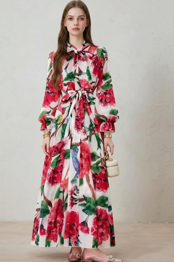 Women's Everyday Maxi Dress Floral Print Long Sleeve Belted