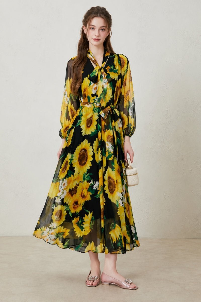 Women's Everyday Maxi Dress Floral Print Long Sleeve Belted