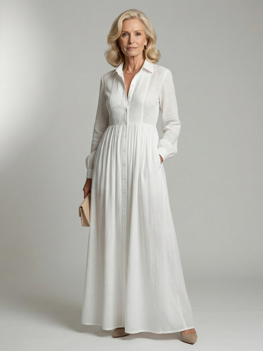 Women's Everyday Maxi Dress Long Sleeve Button-Front Gathered Shirt Dress