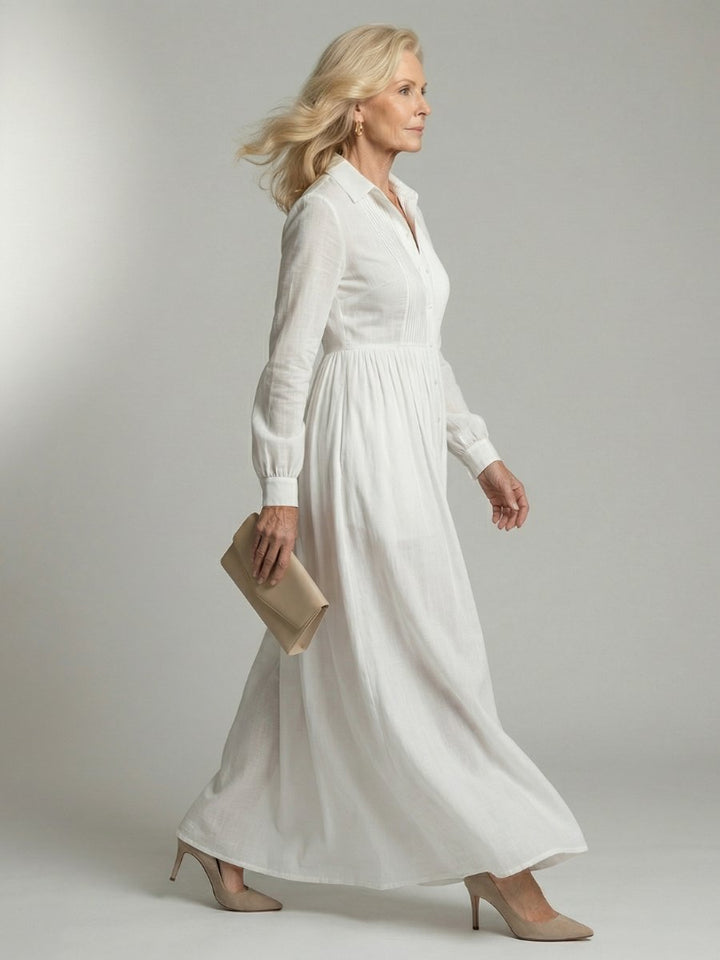 Women's Everyday Maxi Dress Long Sleeve Button-Front Gathered Shirt Dress