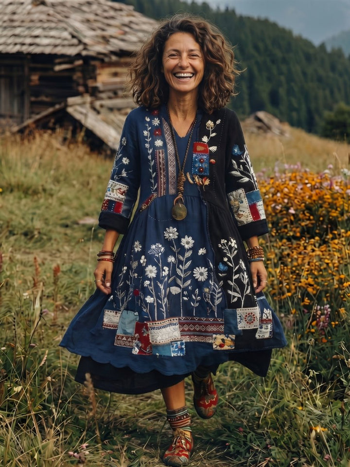 Women's Everyday Midi Dress Embroidered Patchwork Long Sleeve