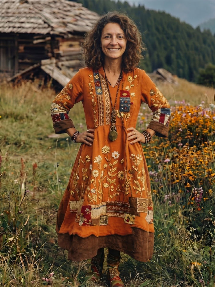 Women's Everyday Midi Dress Embroidered Patchwork Long Sleeve