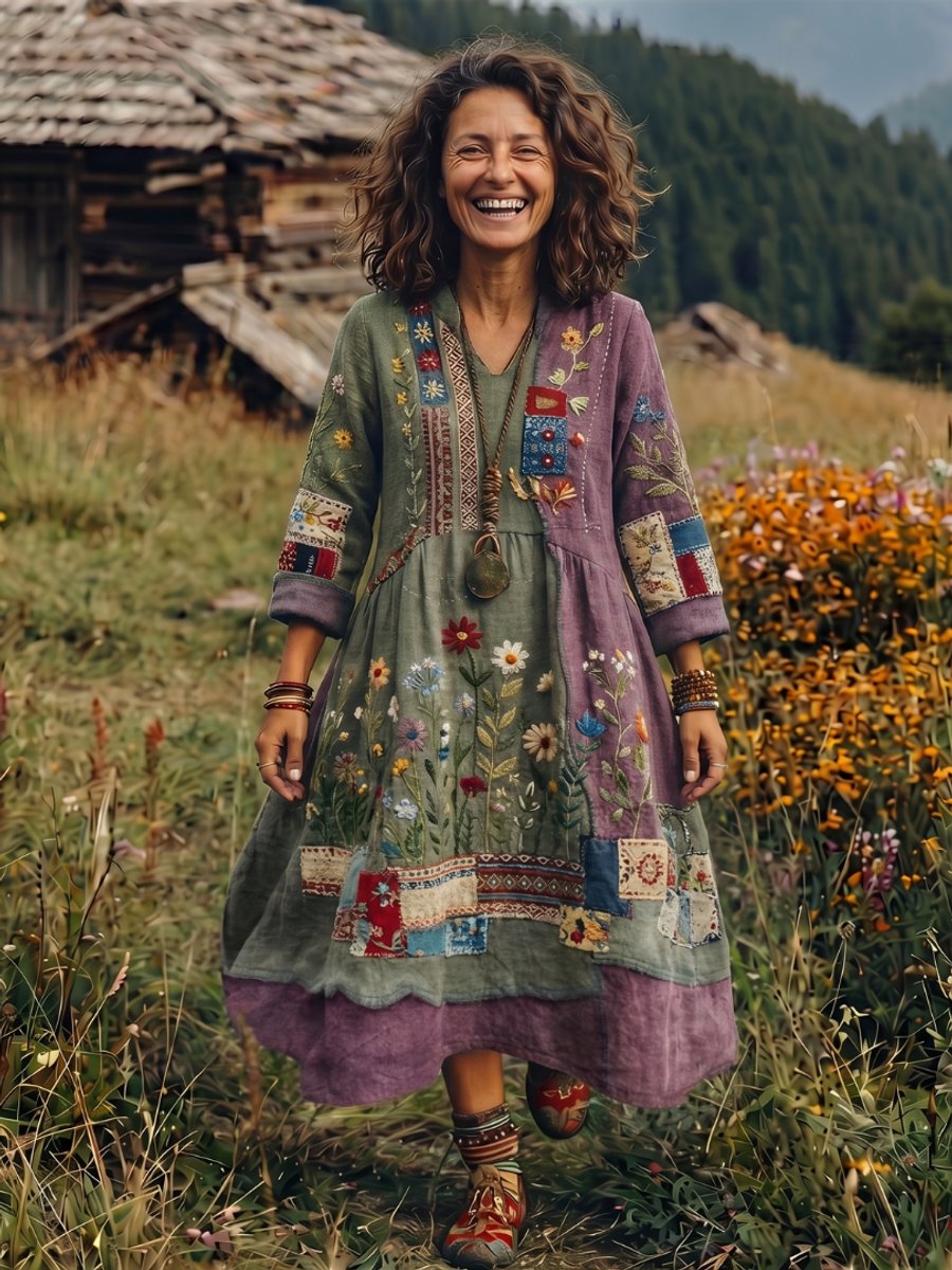 Women's Everyday Midi Dress Embroidered Patchwork Long Sleeve