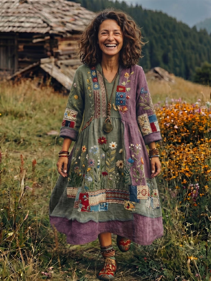 Women's Everyday Midi Dress Embroidered Patchwork Long Sleeve