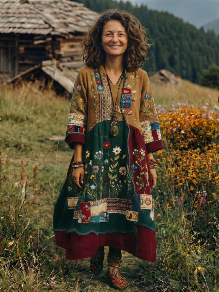 Women's Everyday Midi Dress Embroidered Patchwork Long Sleeve