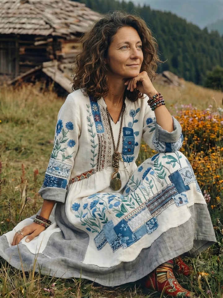 Women's Everyday Midi Dress Embroidered Patchwork Long Sleeve