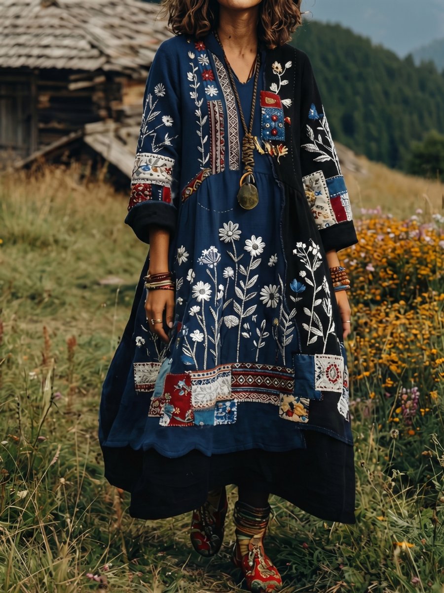 Women's Everyday Midi Dress Embroidered Patchwork Long Sleeve