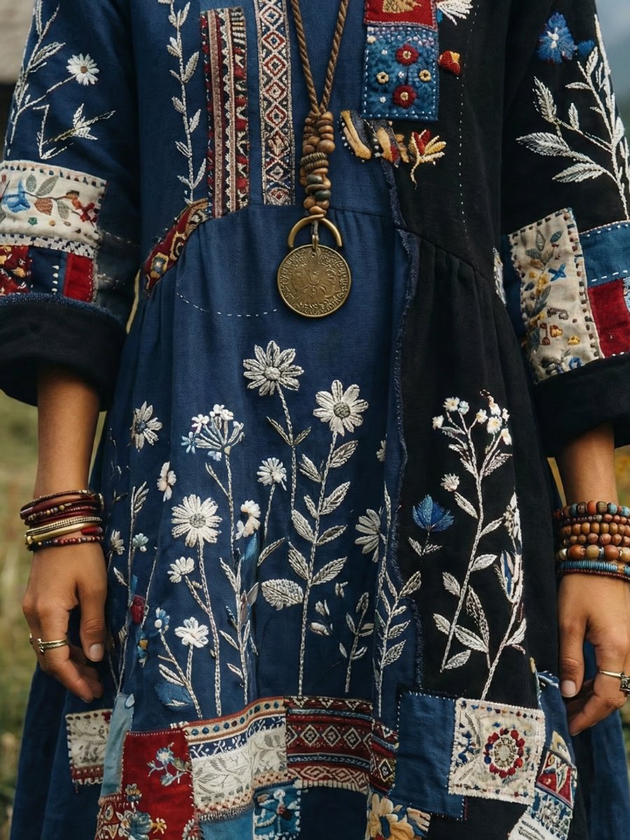 Women's Everyday Midi Dress Embroidered Patchwork Long Sleeve