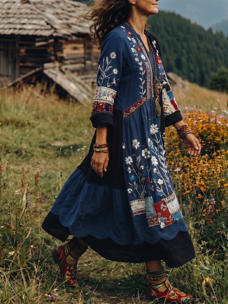 Women's Everyday Midi Dress Embroidered Patchwork Long Sleeve