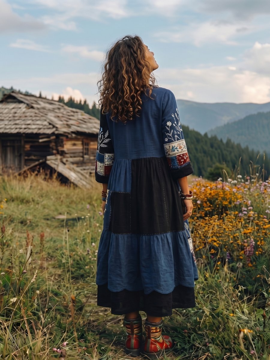 Women's Everyday Midi Dress Embroidered Patchwork Long Sleeve