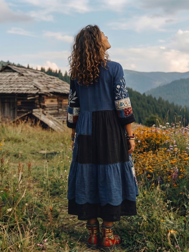 Women's Everyday Midi Dress Embroidered Patchwork Long Sleeve
