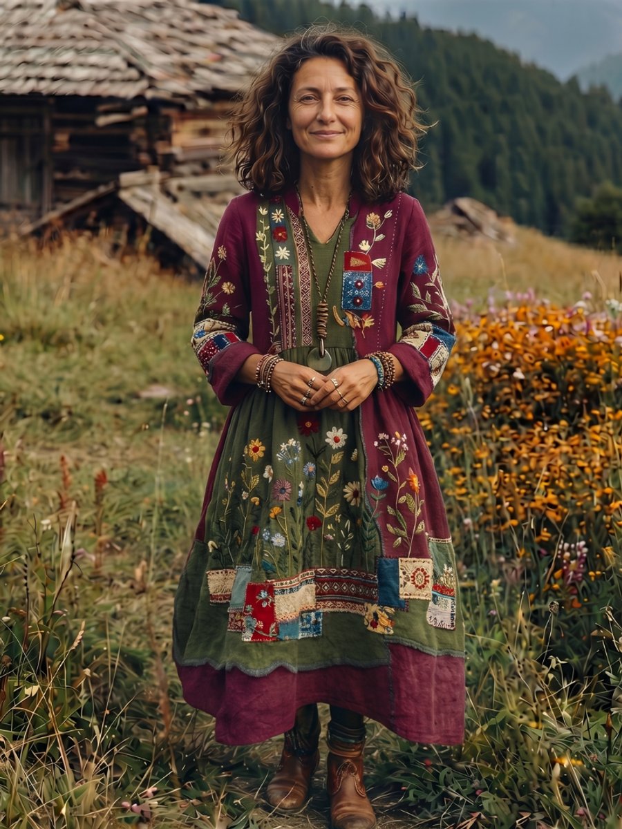 Women's Everyday Midi Dress Embroidered Patchwork Long Sleeve