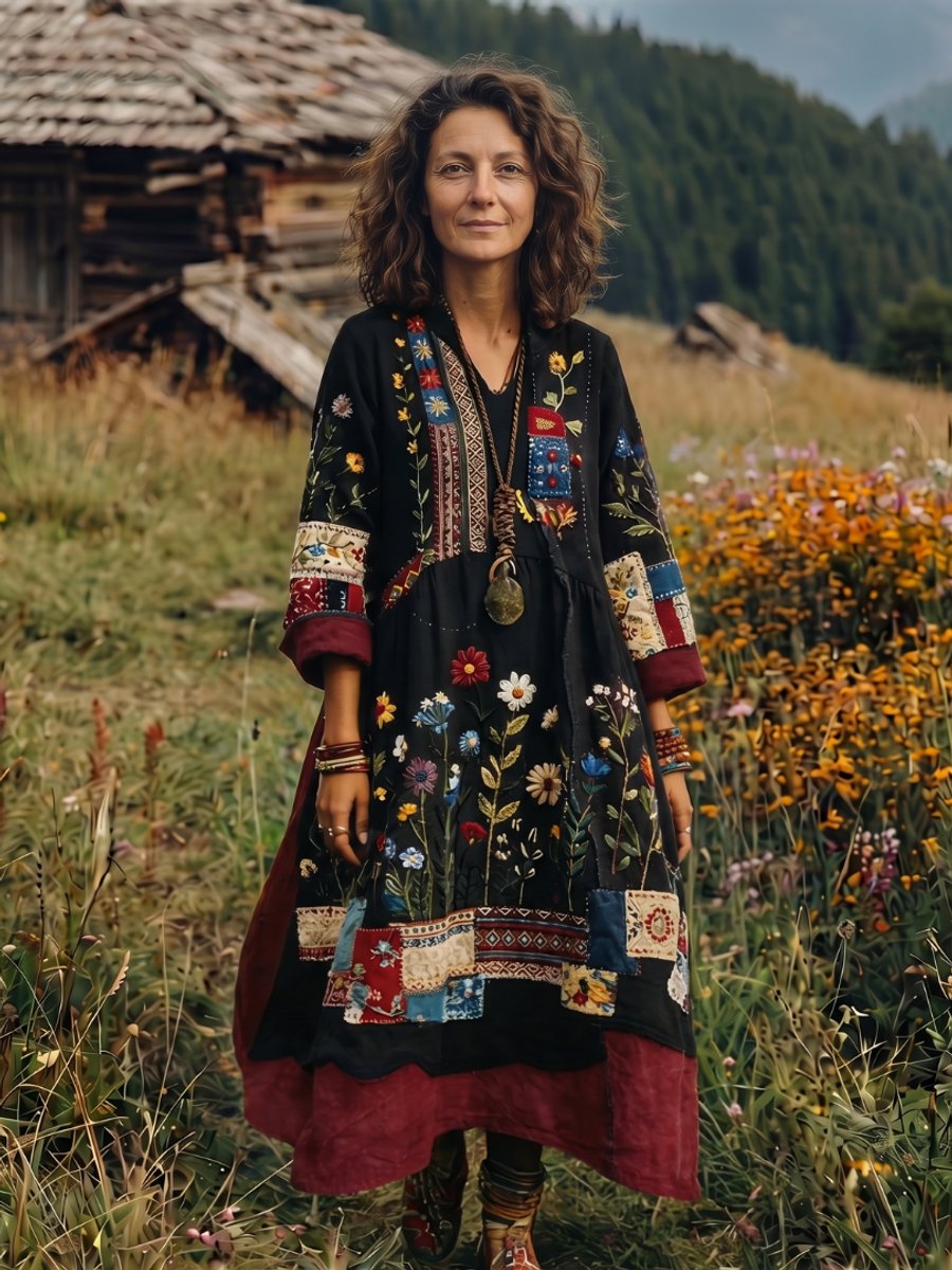 Women's Everyday Midi Dress Embroidered Patchwork Long Sleeve