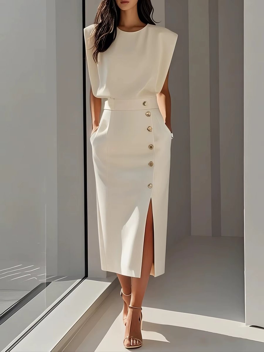 Women's Everyday Midi Dress Shoulder-Pad High-Waist Button-Front Slit