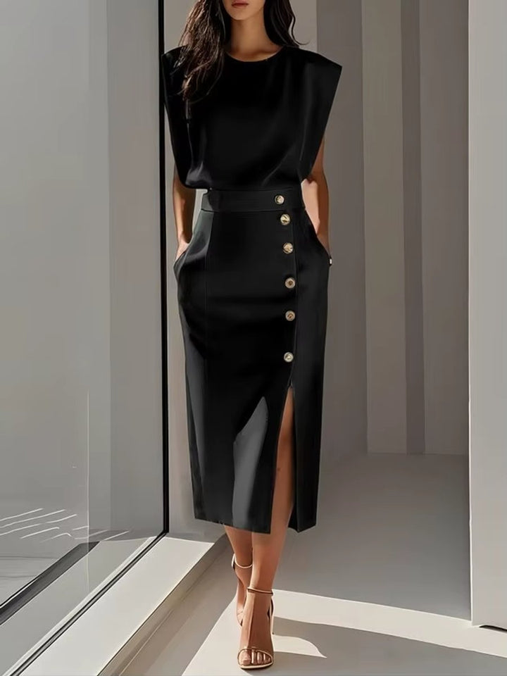 Women's Everyday Midi Dress Shoulder-Pad High-Waist Button-Front Slit
